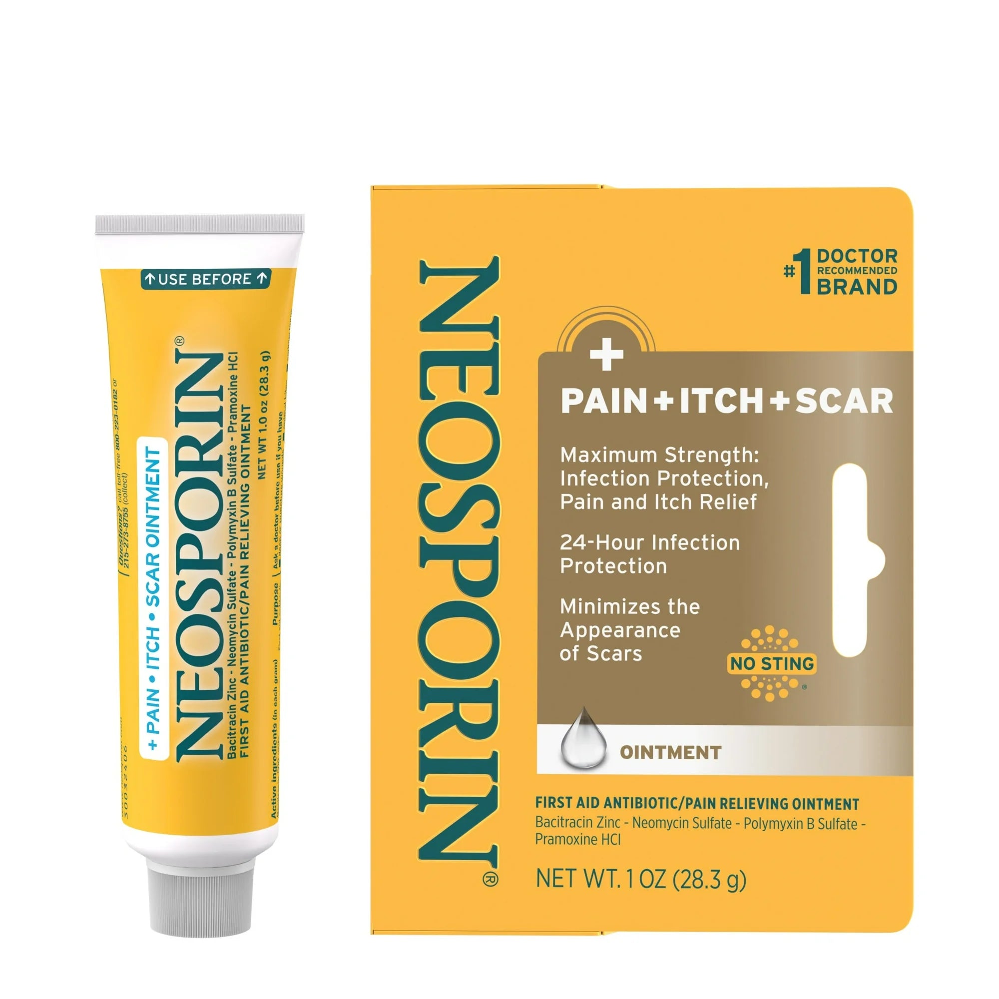Neosporin Pain, Itch & Scar Unguento Antibiótico First Aid, 28.3g