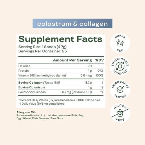 Bloom Nutrition Polvo de calostro bovino con vitamina B-12 para la salud intestinal, 118g