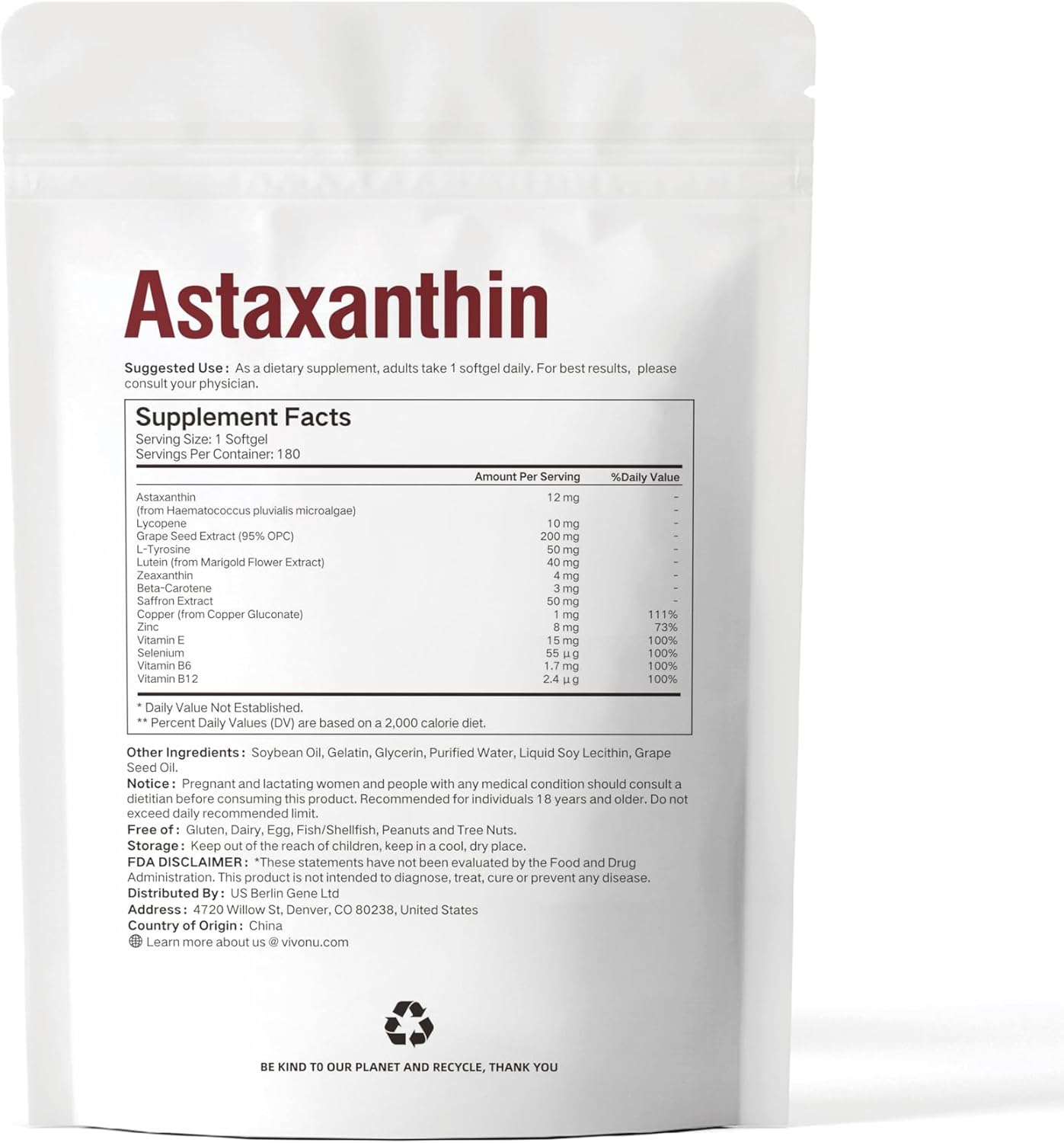 VIVONU Astaxantina 14 en 1 12 mg y luteína 40 mg 180SOF