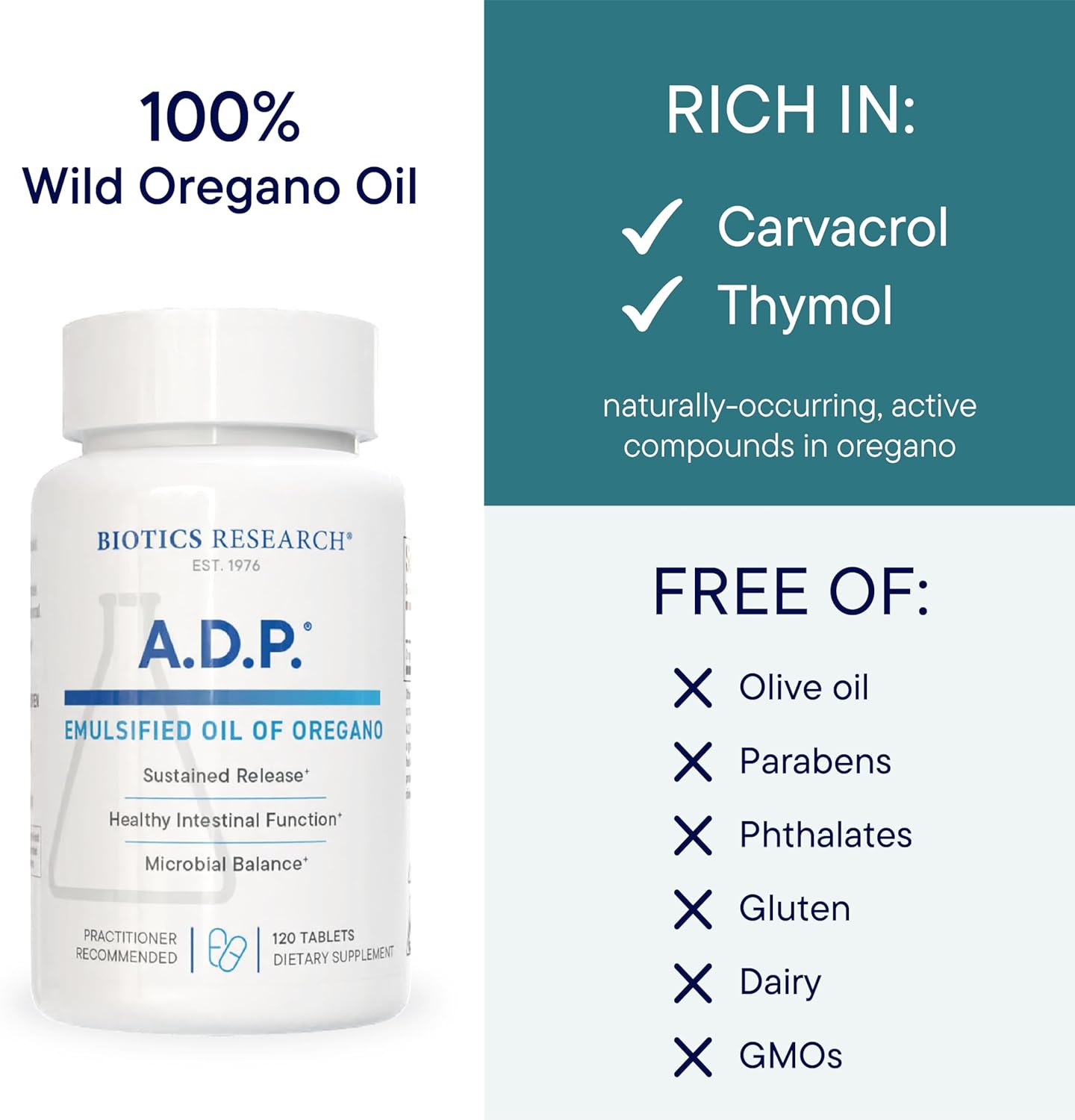 Biotics Research - ADP con aceite emulsionado de orégano, 60 tabletas.