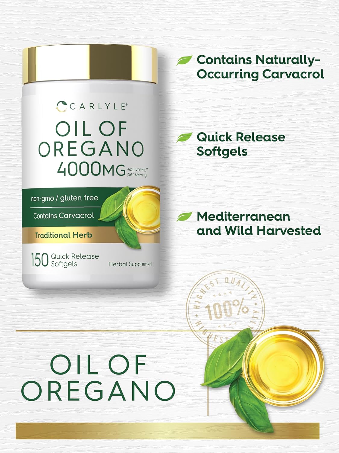 Aceite de Oregano Carlyle 4000mg - Oil of Oregano 150 Capsulas de Gel.