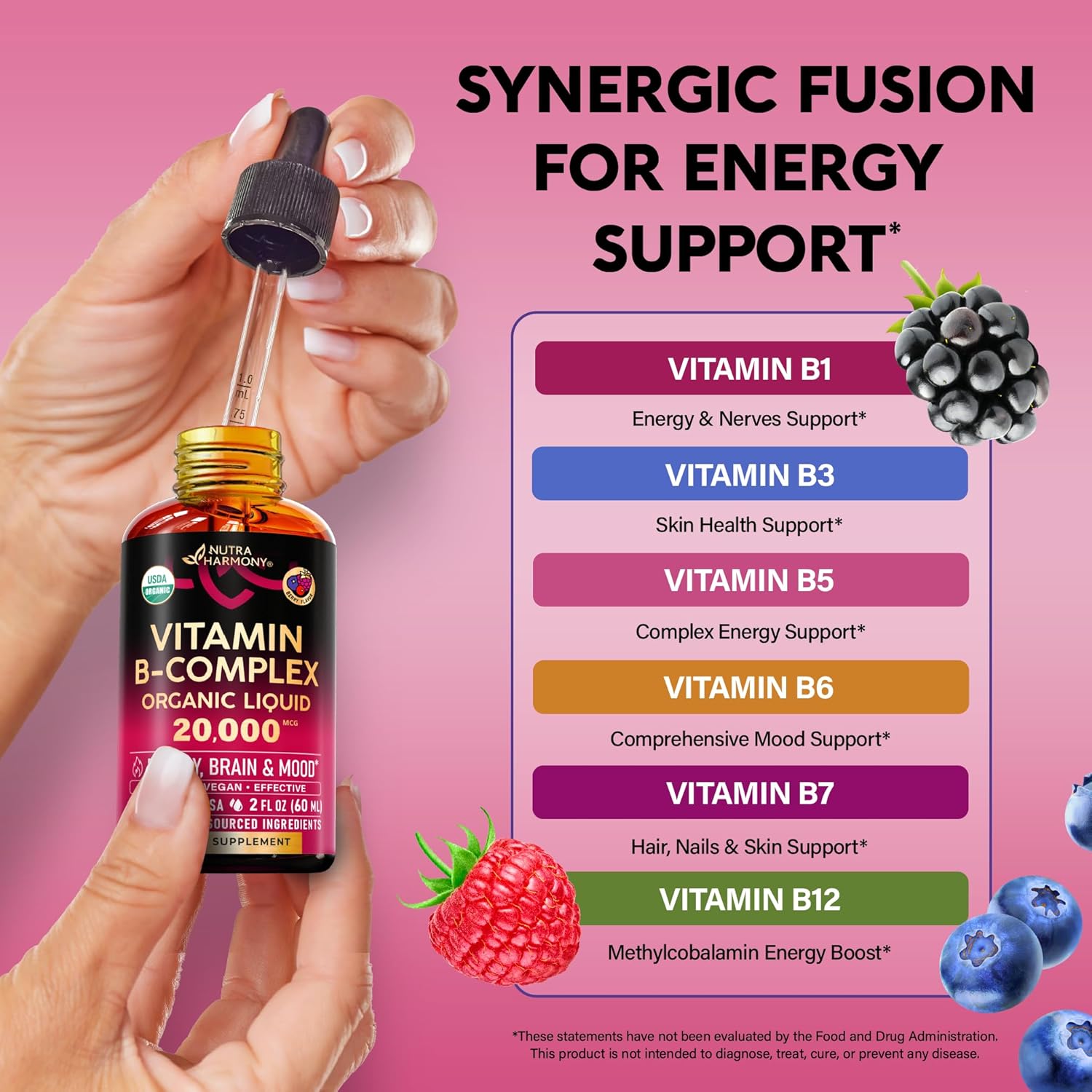 Vitamina B-Complex orgánico USDA B5 ácido pantoténico | B12 metilcobalamina | B1 tiamina | B6 piridoxina | B7 biotina | B9 ácido fólico | B3 niacinamida - 60ml
