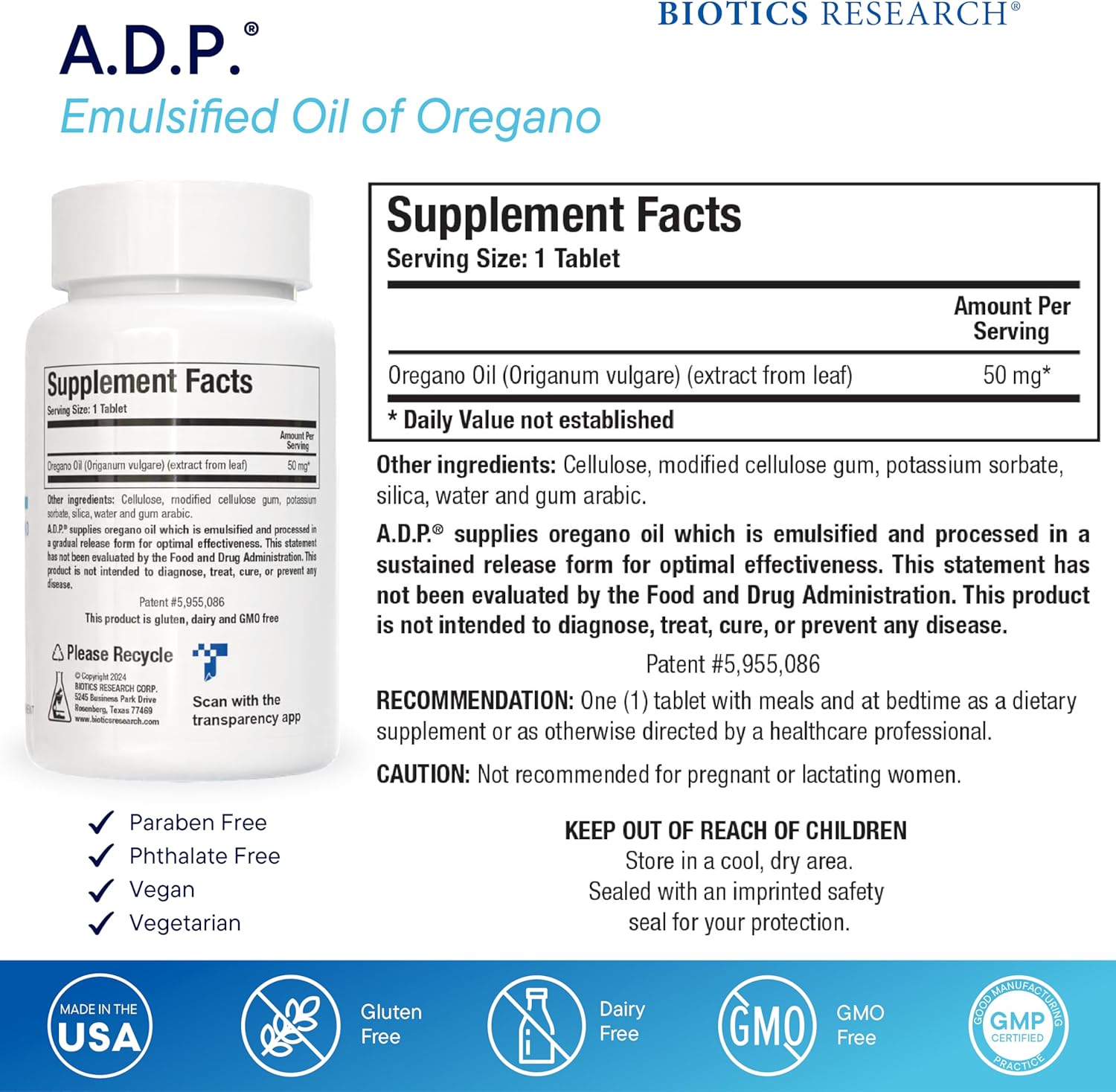 Biotics Research - ADP con aceite emulsionado de orégano, 60 tabletas.