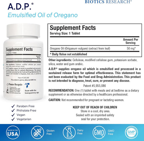 Biotics Research - ADP con aceite emulsionado de orégano, 60 tabletas.