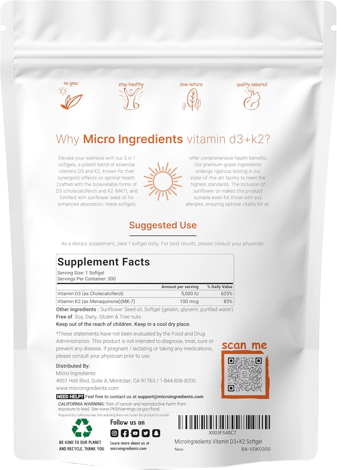 MicroIngredients - Vitamina D3(5,000IU) + K2 (100MCG),  300 capsulas
