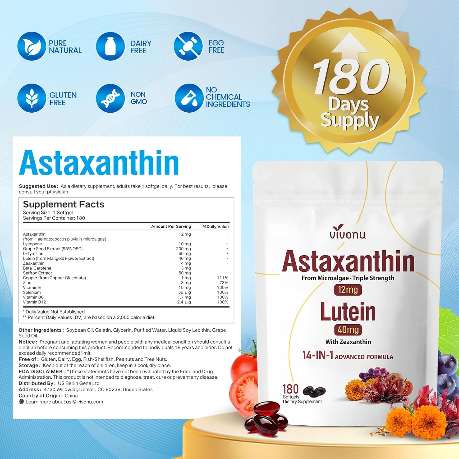 VIVONU Astaxantina 14 en 1 12 mg y luteína 40 mg 180SOF