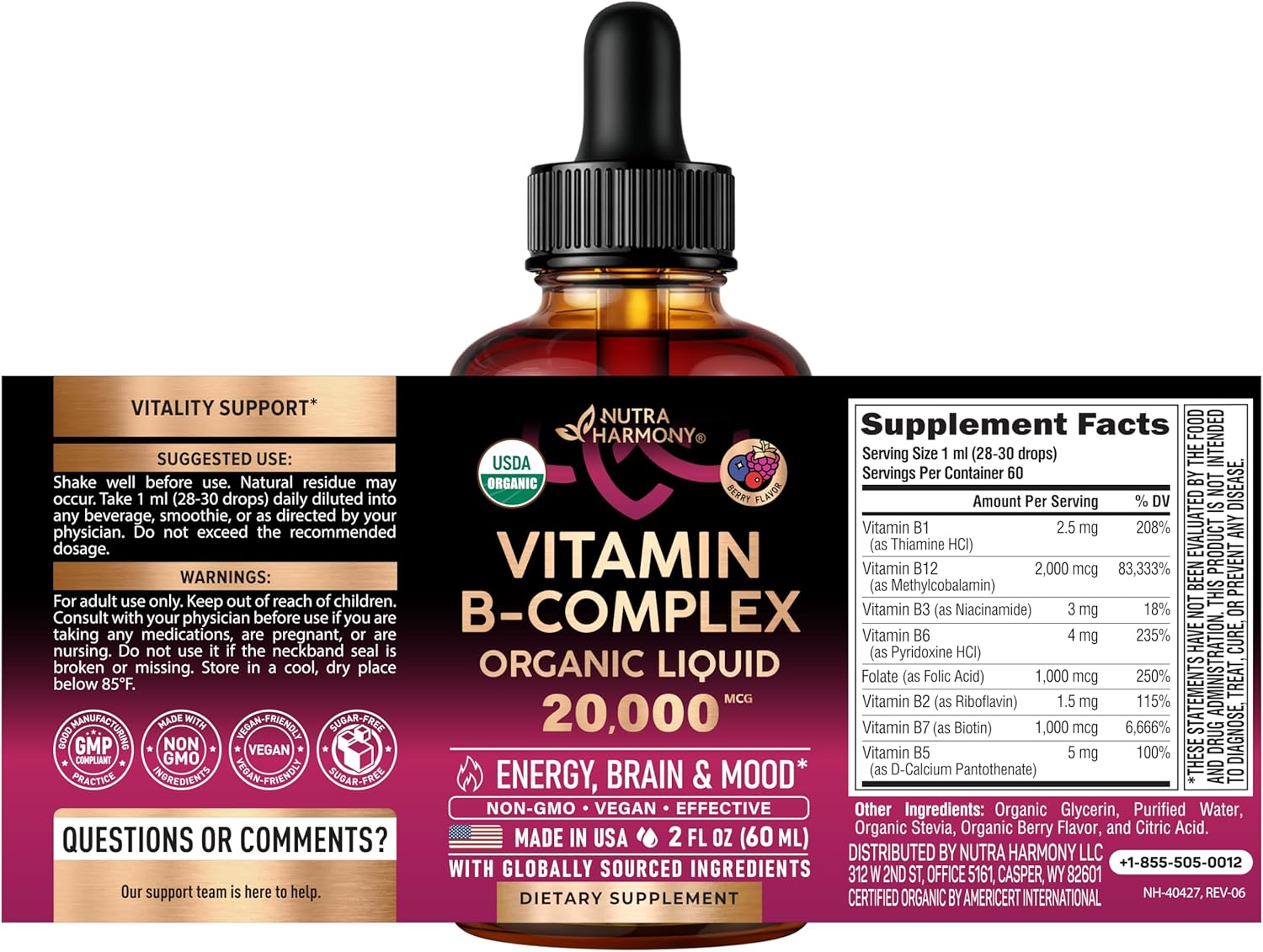 Vitamina B-Complex orgánico USDA B5 ácido pantoténico | B12 metilcobalamina | B1 tiamina | B6 piridoxina | B7 biotina | B9 ácido fólico | B3 niacinamida - 60ml