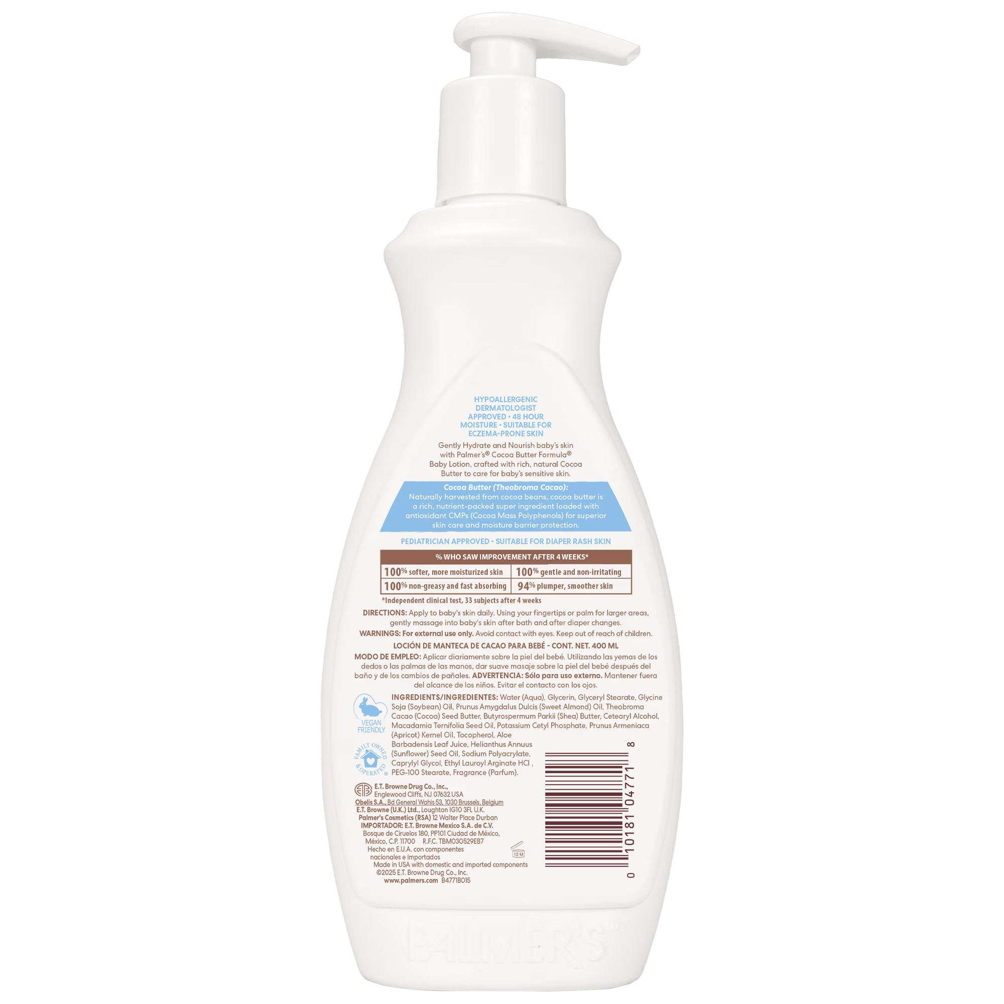 Palmer's Loción Hidratante con Fórmula de Manteca de Cacao para Bebé, Vitamina E - 400ml