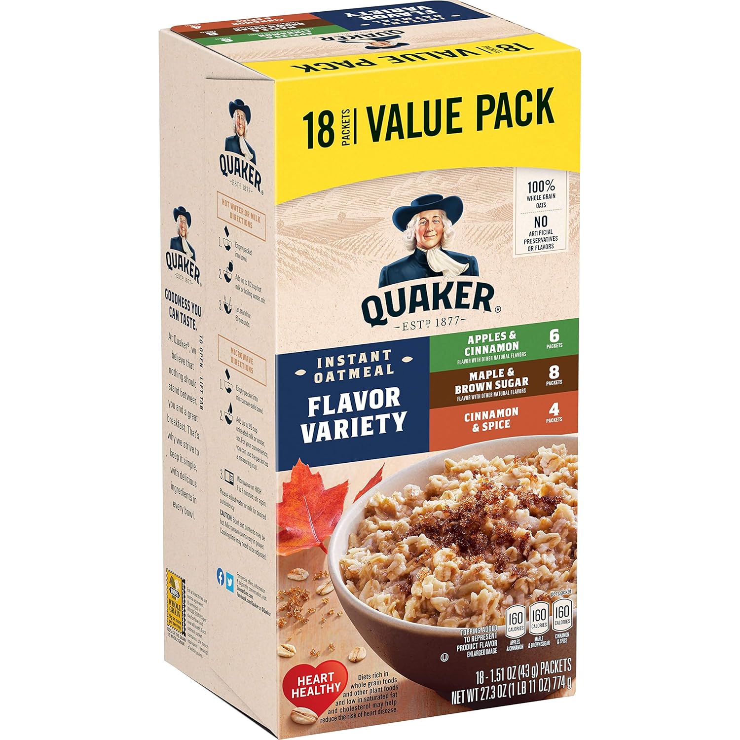 Quaker Avena Instantánea, Paquete de Variedad Valorada, Cereal para el Desayuno, 18 paquetes