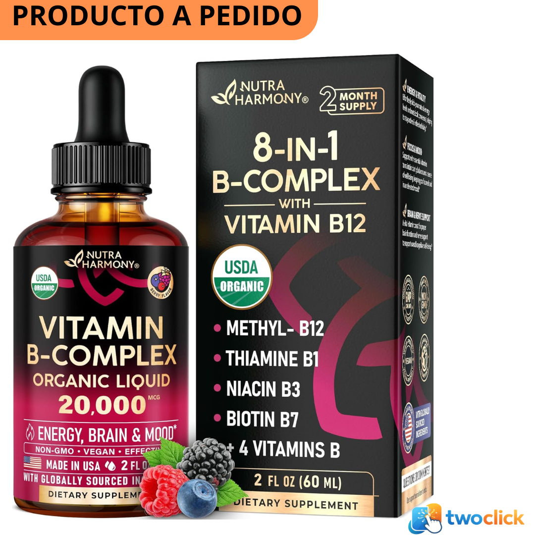 Vitamina B-Complex orgánico USDA B5 ácido pantoténico | B12 metilcobalamina | B1 tiamina | B6 piridoxina | B7 biotina | B9 ácido fólico | B3 niacinamida - 60ml
