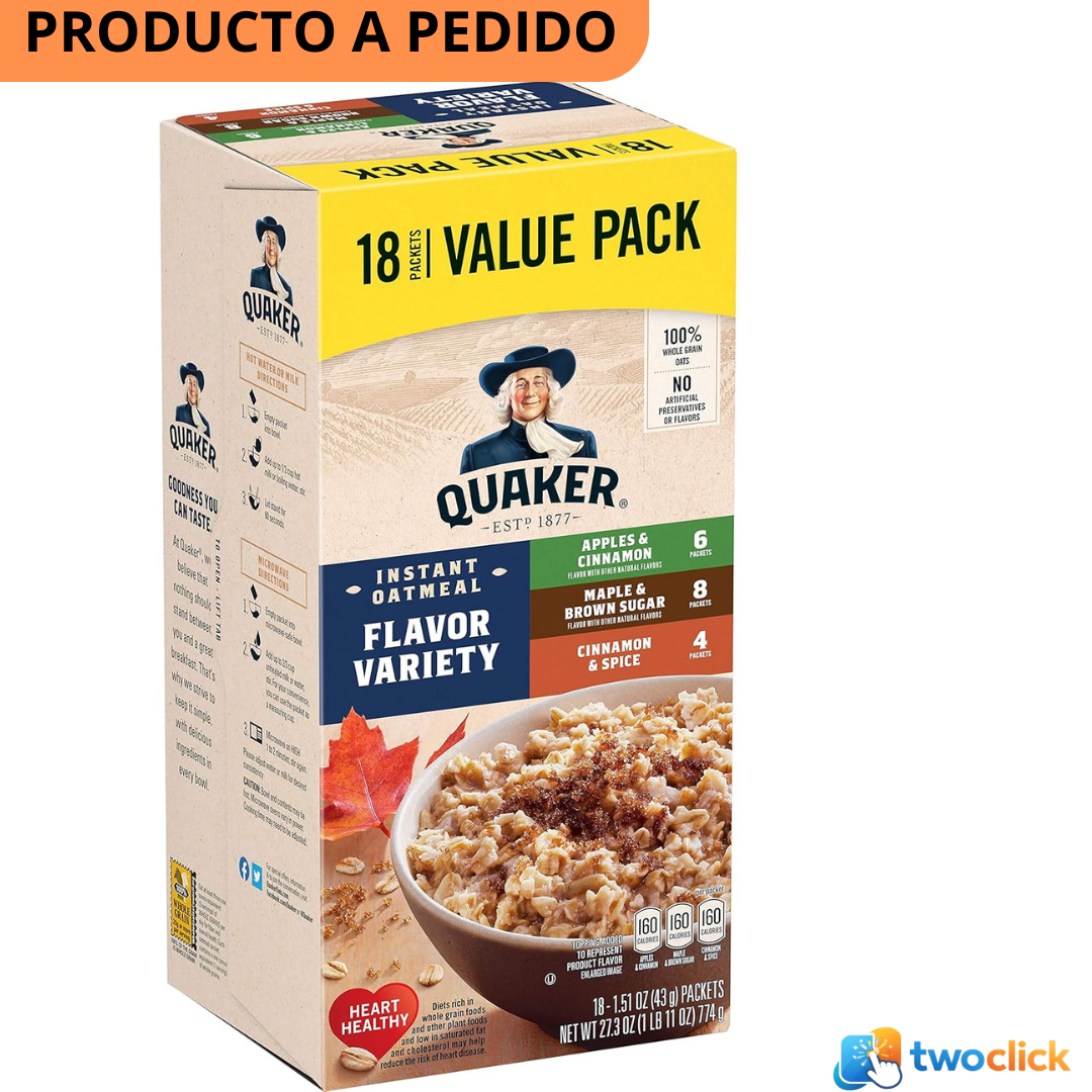 Quaker Avena Instantánea, Paquete de Variedad Valorada, Cereal para el Desayuno, 18 paquetes