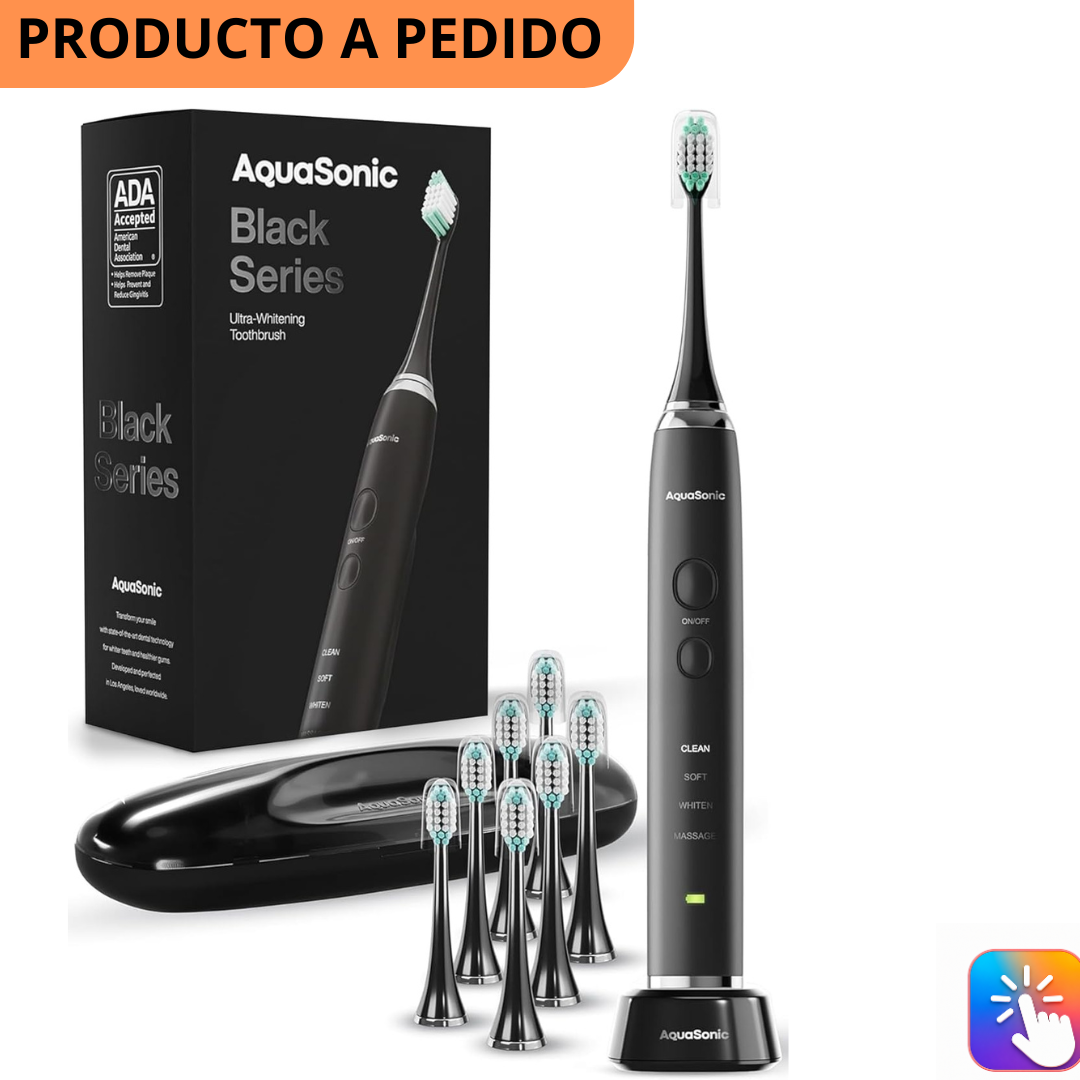 Cepillo de dientes AquaSonic Black Series, ultrablanqueador, 8 cabezales de cepillo DuPont y funda de viaje incluidos, motor ultrasónico de 40.000 VPM y carga inalámbrica, 4 modos con temporizador inteligente, cepillo de dientes eléctrico moderno
